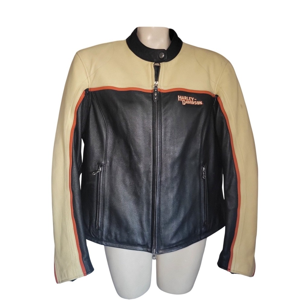Harley Davidson Leather Motorcycle Jacket Black Cream Orange Moto Biker Style XL